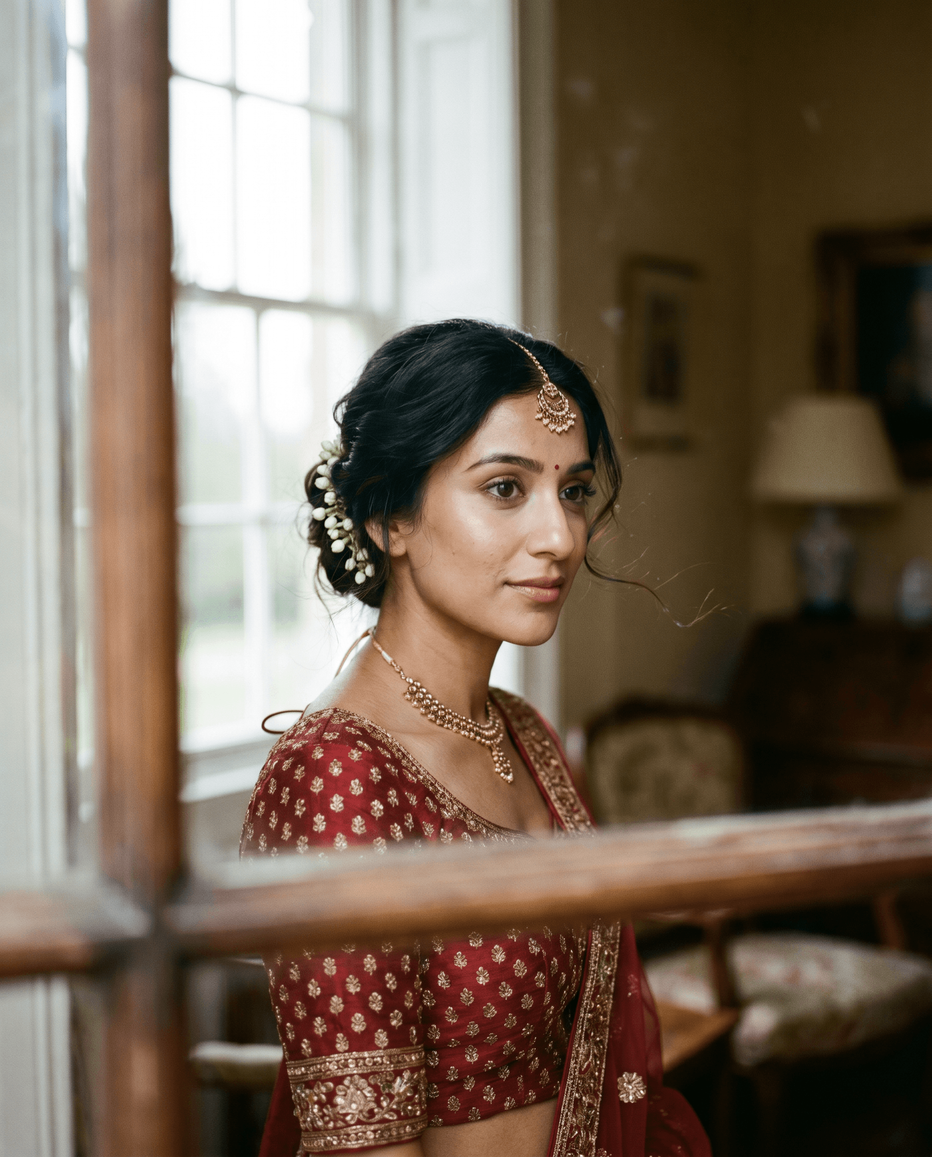 A bride in a red and gold saree, jasmine set in her hair